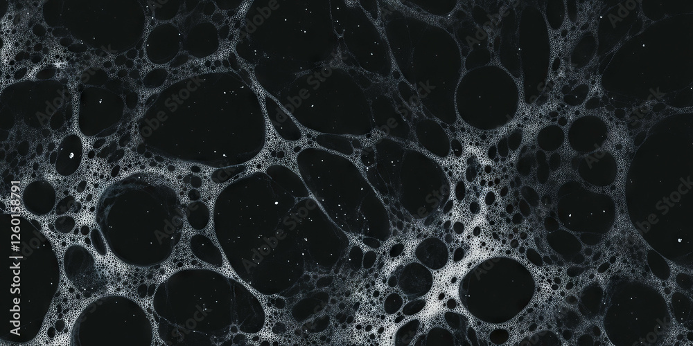 Poster mottled black and white texture with dense dots and shadows on a dark background
