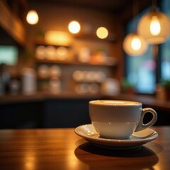 Fototapeta premium Warm coffee shop bokeh, blurred lights and textures, cozy, soft focus, texture