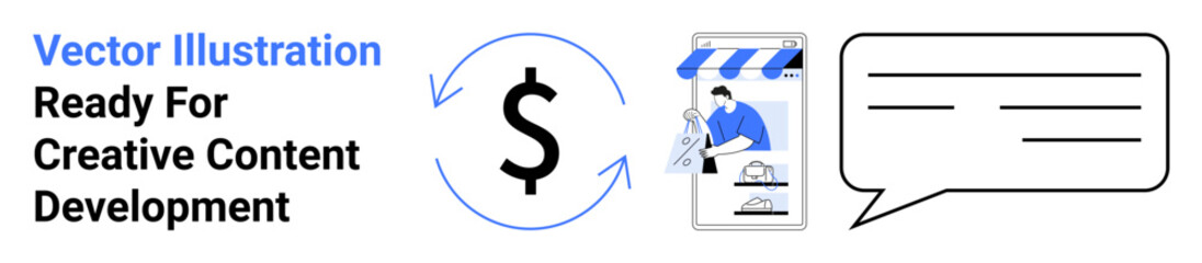 Dollar sign with circular arrows, tablet screen showing online shopping storefront, and chat bubble. Ideal for e-commerce, digital marketing, communication, fintech, online customer service, business