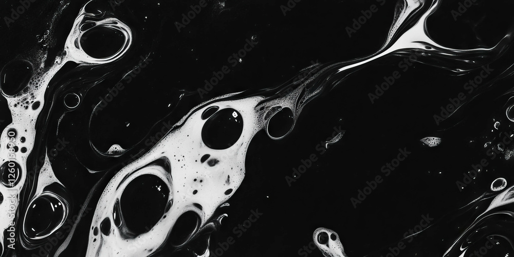 Poster mottled black and white texture with dark shadows showcasing fluid dynamics and depth