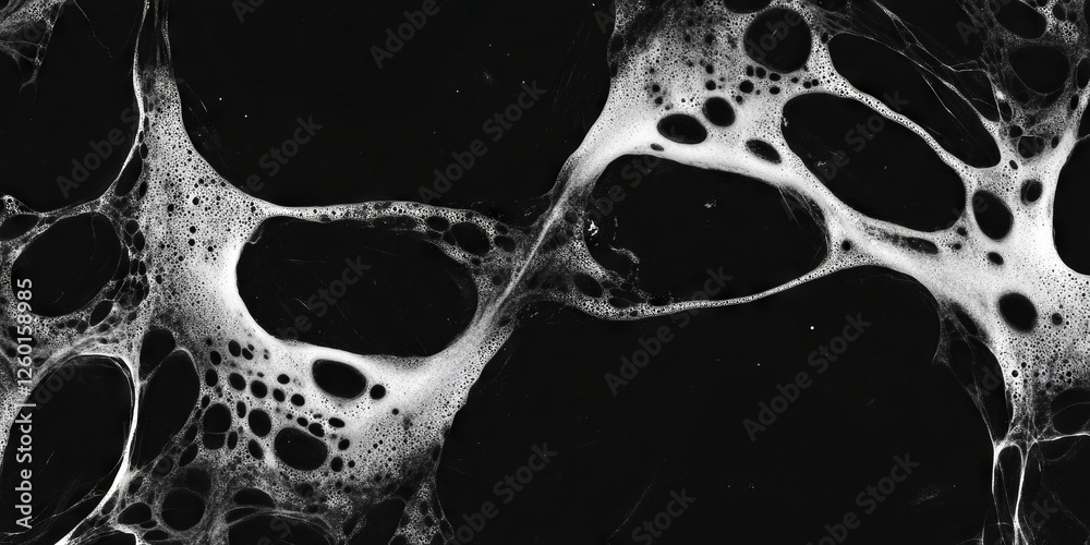 Poster mottled black and white texture with dense patterns and bright highlights on a dark background
