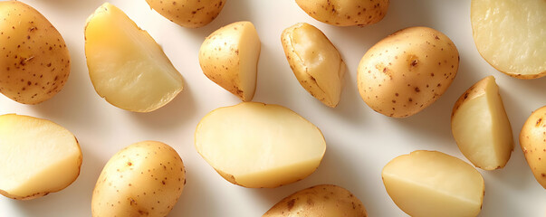 Fototapeta premium Sliced yellow potatoes on white background