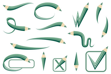 Set of green curved pencils. Arrows and frames on a white background. Different curved arrows, swirls, crosses, circles and check marks.