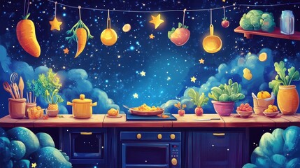 Dreamy kitchen scene features celestial backdrop with hanging vegetables
