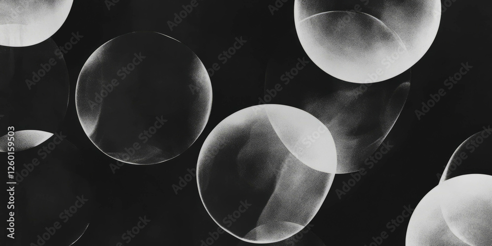 Poster mottled black and white texture featuring overlapping circles with dark shadows