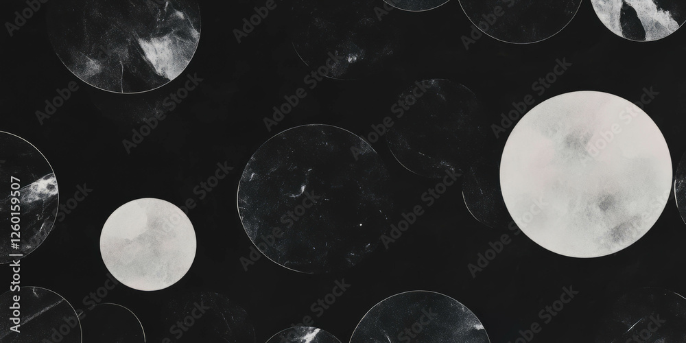 Poster mottled black and white texture with overlapping circles and shadows on dark background