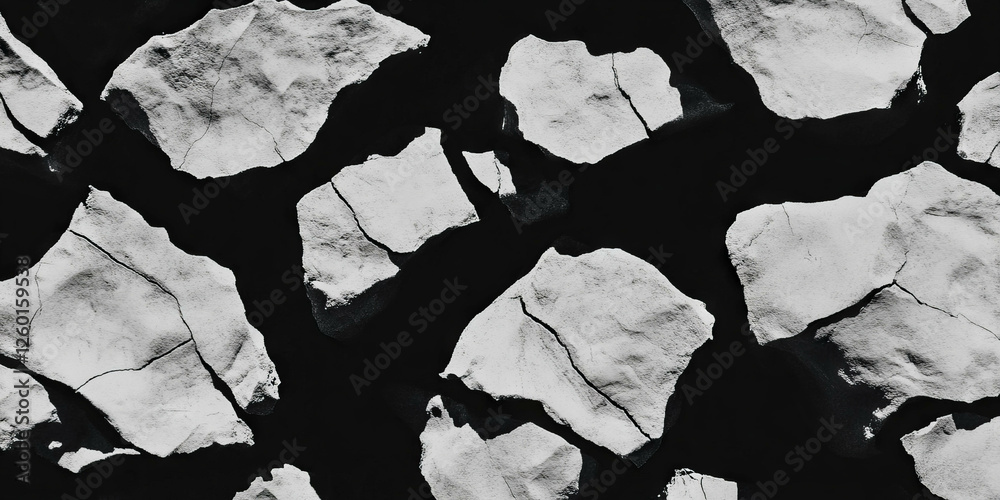 Poster mottled black and white texture with overlapping areas and dark shadows on a black background