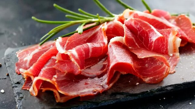 Thinly sliced jamon slices on a dark background with copyspace for your text, gourmet food
