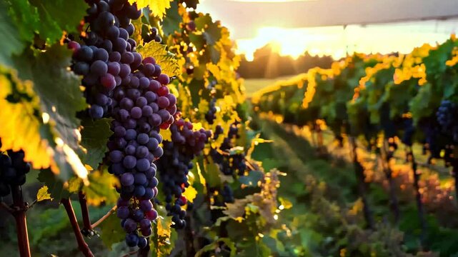 A bunch of blue grapes on a vine on a sunny day.