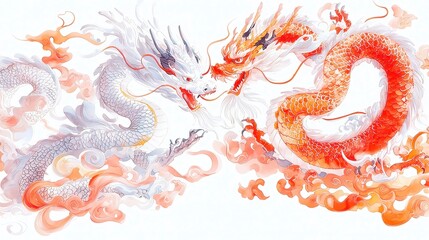 Obraz premium Celestial Harmony, A captivating ink brush artwork depicting a dragon and phoenix in an eternal dance, symbolizing balance and unity in Chinese mythology, vibrant watercolor hues