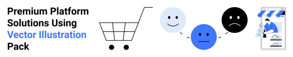 Fototapeta premium Shopping cart connects to emotive faces happy, neutral, sad leading to an online storefront. Ideal for e-commerce, consumer feedback, user experience, retail analysis, CRM, online reviews flat