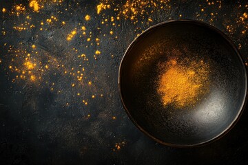 Dark bowl with orange spice powder on dark background.