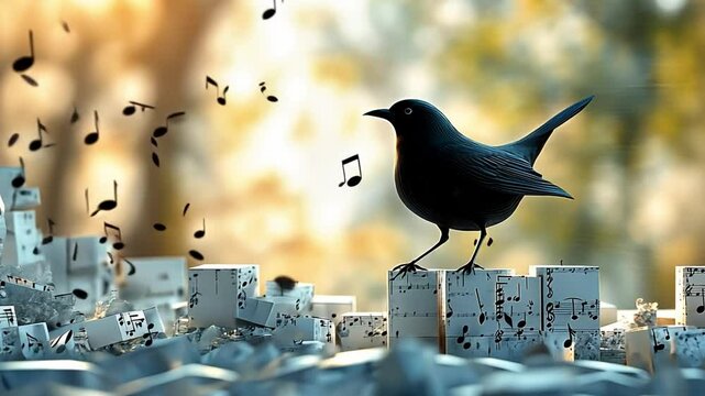 Melody of the Blackbird: A blackbird perched on a whimsical collection of musical notes, its song brought to life in a visual symphony of sound and nature.