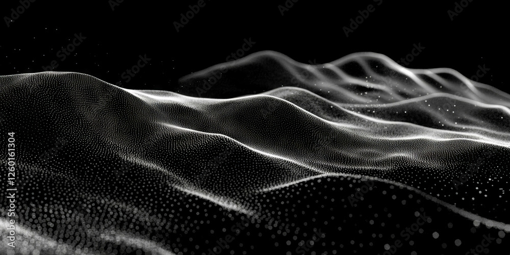 Poster mottled grayscale texture with fine dots resembling waves on a black background