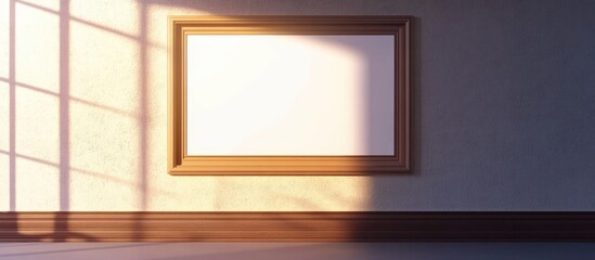 Blank golden frame poster mockup on a sunlit wall with soft shadows, positioned prominently in an elegant minimalist room setting.