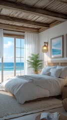 Beachside hotel room with white walls, light blue accents, wooden furniture, open window with sheer curtains blowing in the breeze