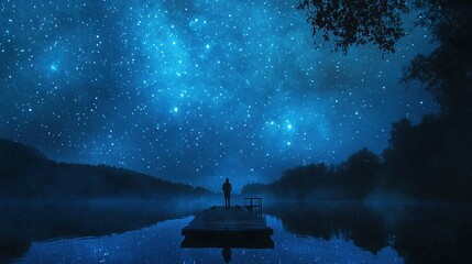 Solitary Figure Gazing at Night Sky Over Still Water