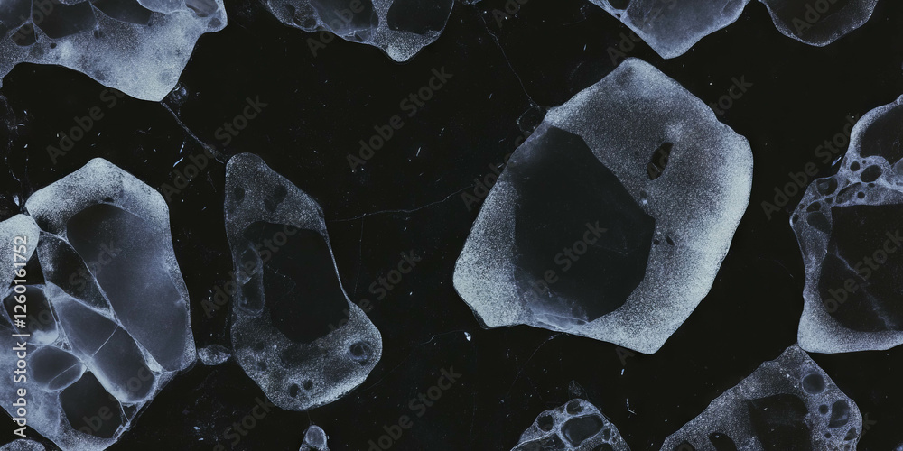Poster Mottled grayscale texture with scattered irregular shapes on a black background