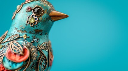 Naklejka premium A highly detailed metallic bird figurine adorned with colorful ornaments, set against a clean turquoise backdrop. The intricate craftsmanship stands out. AI generated.