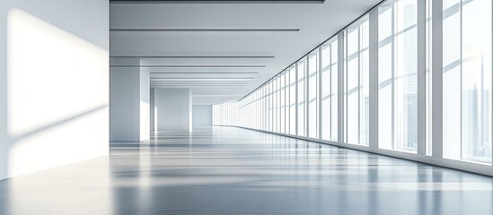 Obraz premium Spacious interior of a modern building featuring white walls, expansive glass windows, soft natural light casting shadows on a polished floor.