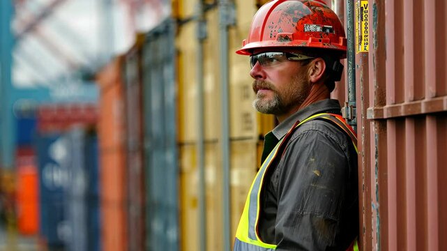 The port worker gazes thoughtfully while standing beside colorful shipping containers, wearing a hard hat and safety gear under a clear sky.
