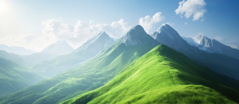 Vibrant green rolling hills in foreground with majestic snow-capped mountains under a clear blue sky and scattered fluffy clouds in background - Powered by Adobe