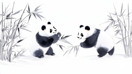 Fototapeta premium Playful Pandas in Bamboo Grove, charming ink illustration of two pandas joyfully rolling among lush bamboo stalks, vibrant watercolor accents enhance the lively scene