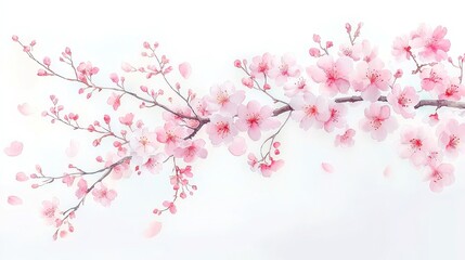 Fototapeta premium Sakura Blossoms Gracefully Drifting Over a Tranquil Stream, A serene scene of cherry blossoms cascading above gentle waters, captured in vibrant ink brush and watercolor artistry