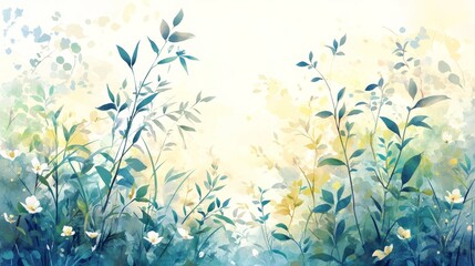Watercolor Floral Background, Light Green, Cream, Pastel Hues, Intricate Flowers, Detailed Leaves