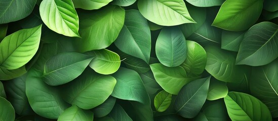 Lush green leaf texture with varying shades of green arranged in overlapping layers creating a vibrant natural background ideal for design.