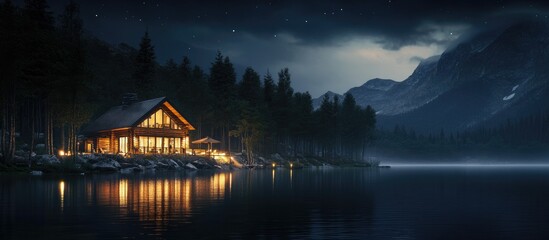 Fototapeta premium Mountain lake house illuminated at night surrounded by trees and mountains reflecting on the serene water under a starry sky with soft clouds