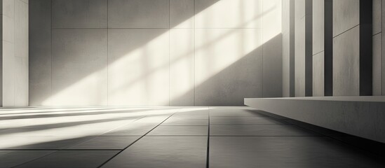 Minimalist interior design featuring sleek gray walls and floor, sunlight casting sharp shadows, creating an open and tranquil atmosphere.
