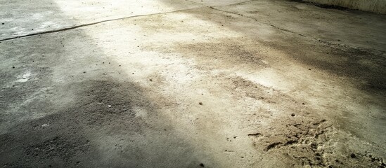 Freshly poured light gray cement surface on a textured urban sidewalk with dark patches, showing wet and dry areas with a slightly uneven finish.