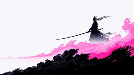 Swordmaster's Poised Resolve, a lone warrior stands ready, sword raised high, detailed ink brush artistry blends with gentle watercolor, evoking strength and serenity.