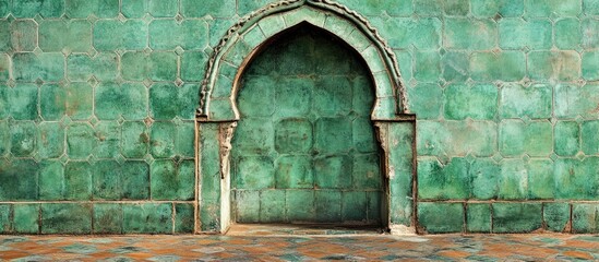 Obraz premium Moorish arch in verdant green tiles creates a striking backdrop, highlighting intricate designs and rich textures against a soft golden floor.