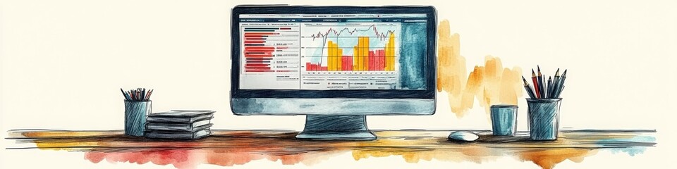 Computer Graphs, Charts on a LinkedIn Banner with Green Potted Plants, Background, AI Generated
