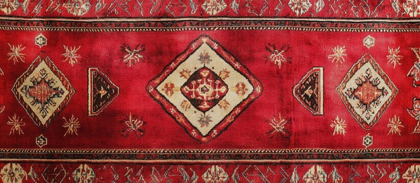 Traditional Moroccan red carpet featuring intricate ancient motifs in a rectangular layout with dominant deep red and cream colors.