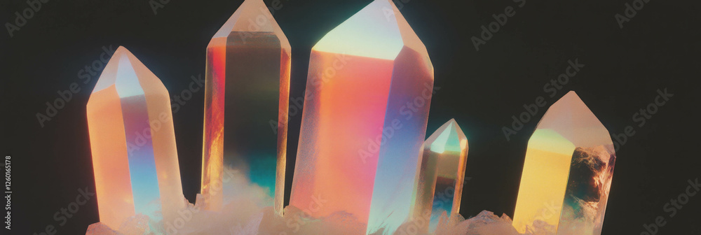 Poster layered crystal flares create vibrant light refractions and colorful hues in abstract display