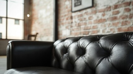 Close-up of a Luxurious Black Leather Chesterfield Sofa in a Loft Setting