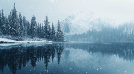 Fototapeta premium lake with snowy mountain reflections, cold tones, detailed water reflections, isolated natural beauty, grand and peaceful, serene and majestic, tranquil and quiet atmosphere