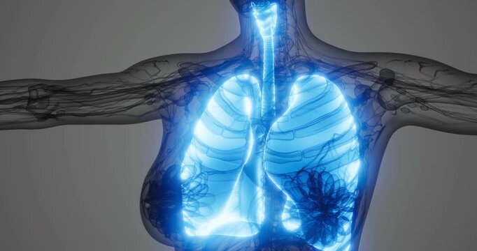 This illustration presents the anatomy of the human lungs, highlighting key respiratory structures and their functions within the body. The blue glow emphasizes the intricate details of lung tissue.