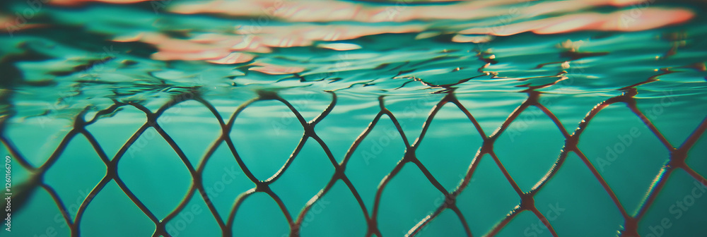 Poster Nylon netting and smooth water reflections create a dynamic texture interplay in a serene setting
