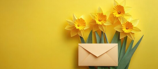 Bright yellow paper envelope placed in the center with handmade origami daffodils in vibrant yellow surrounding it against a matching yellow background.