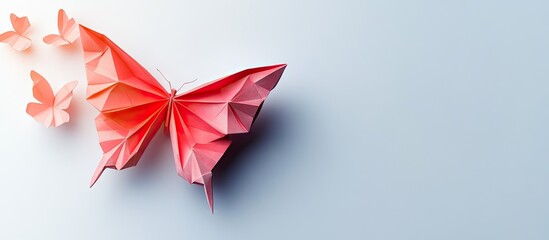 Colorful origami butterfly model in red shades on soft blue gradient background with smaller butterflies softly trailing to the left side
