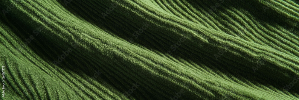 Poster Dense ribbed carpet texture in olive green showcasing linear patterns and deep shadows