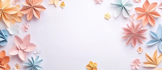 Naklejka premium Colorful origami spring flowers in soft peach, blue, and white arranged artfully on a light white background creating a vibrant floral frame