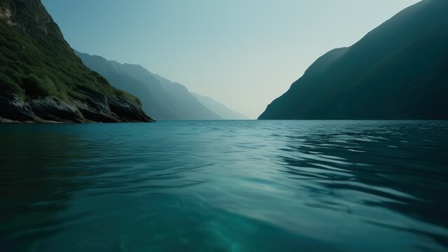 A tranquil seascape showcasing calm waters and a lush green hillside under a soft, overcast sky. Ideal for projects related to nature, serenity, or coastal beauty