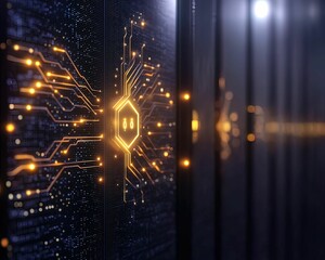 Cyber security vault intricate glowing digital lock high-tech data center futuristic design dark environment close-up view