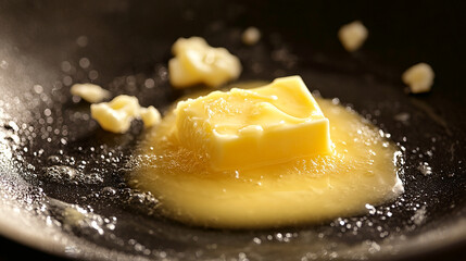 A close-up of margarine melting in a hot skillet