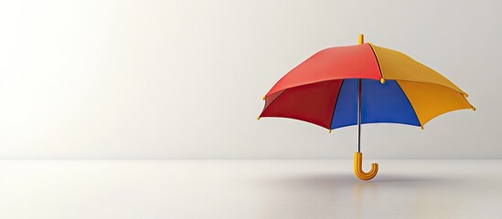 Colorful cartoon origami umbrella with red yellow and blue panels centered on a minimalist white background casting a soft shadow on the ground